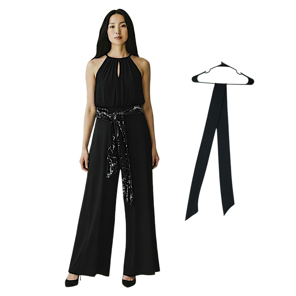 White House Black Market Jumpsuit S Black Sequin & Plain Sashes Halter Wide Leg
